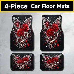 Red Rose & Silver Butterfly Car Floor Mats, 4-Piece Universal Set for Cars, Trucks & SUVs, Non-Slip Base, Durable Stain-Resistant Fabric, Elegant Romantic Print, Daily Use Auto Interior Accessories for Men and Women automotive new year gift