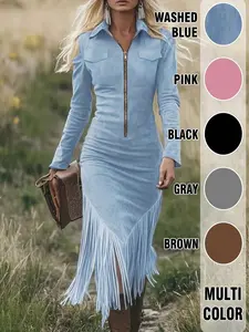 Western Cowboy Style Suede Fringe Fitted Bodycon Long Sleeve Dress, Elegant Party Dress, Women's Casual Fashion, Perfect for Parties and Daily Wear, Womenswear