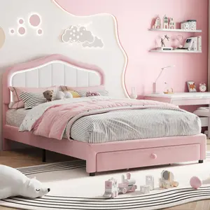 Upholstered Bed Frame with Smart Led Headboard and Storage Drawer, Cute Velvet Platform Bed Frame with Headboard for Kids, Girls, Boys, No Box Spring Needed, Easy Assembly