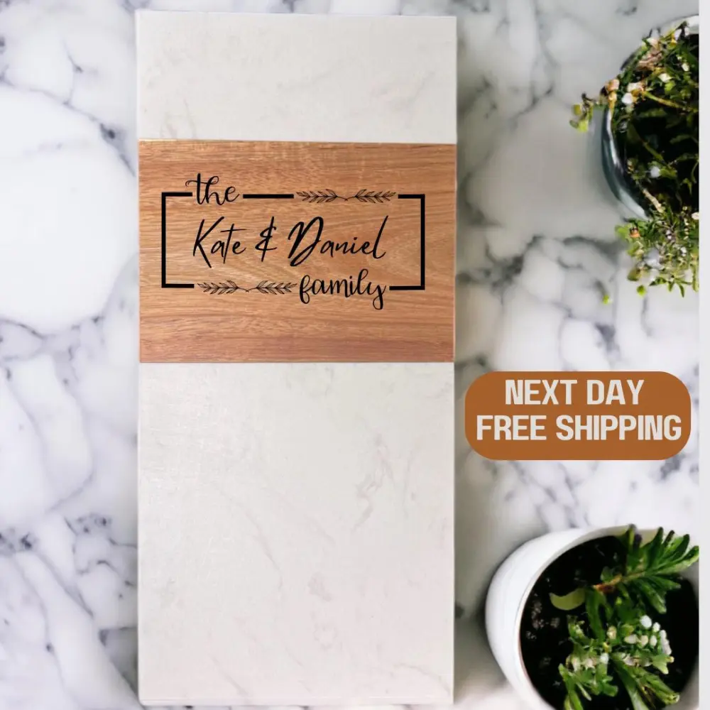 Engraved Personalised White Marble & Acacia Wooden Chopping Board - Stylish Kitchenware for Housewarming, Anniversary Gifting