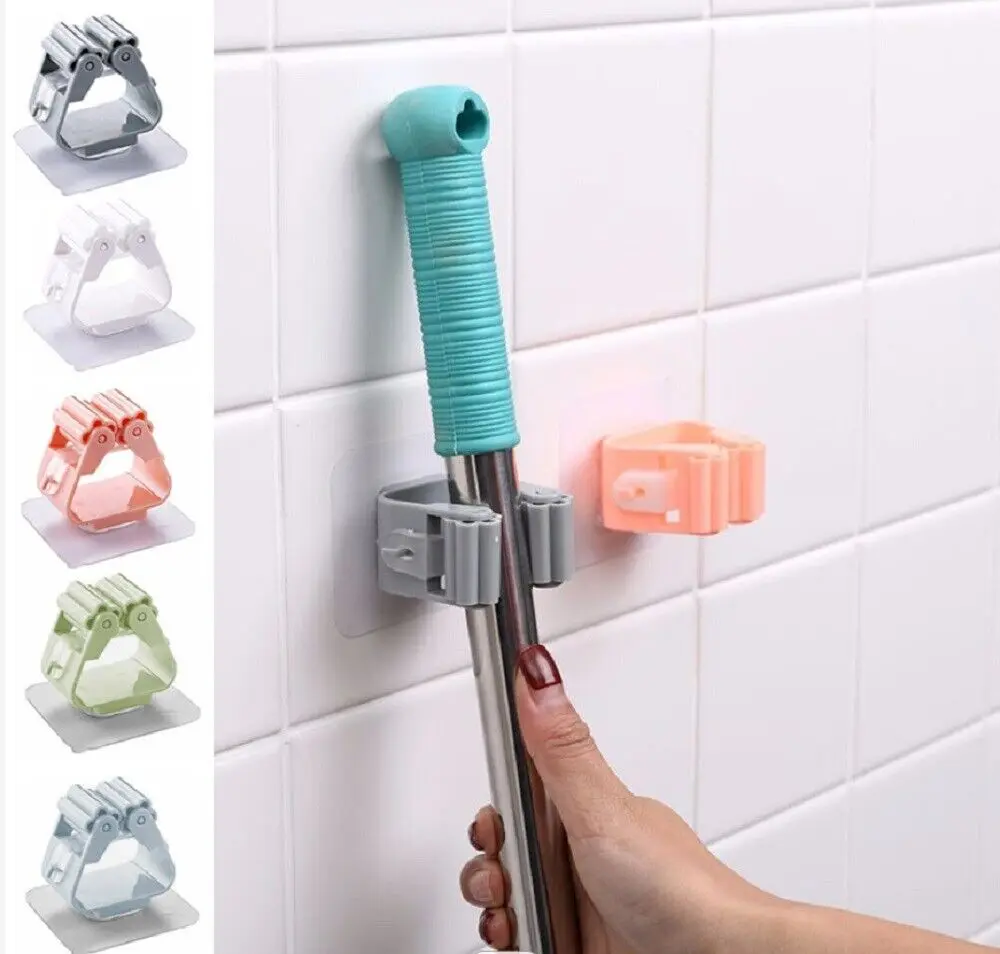 5-Pack Self-Adhesive Broom Mop Holder - Wall Mount, No-Drill, Space-Saving Organizer Smooth Hanger
