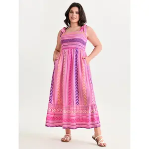 BLOOMCHIC Women's Plus Size Supersoft Sweet Striped Print Shoulder-Tie Maxi Dress [M-6X] - 2026 Summer Bohemian Polyester Smooth Garment Fabric Casual Dress (Swimweek Spotlight Deals) Fit Womenswear