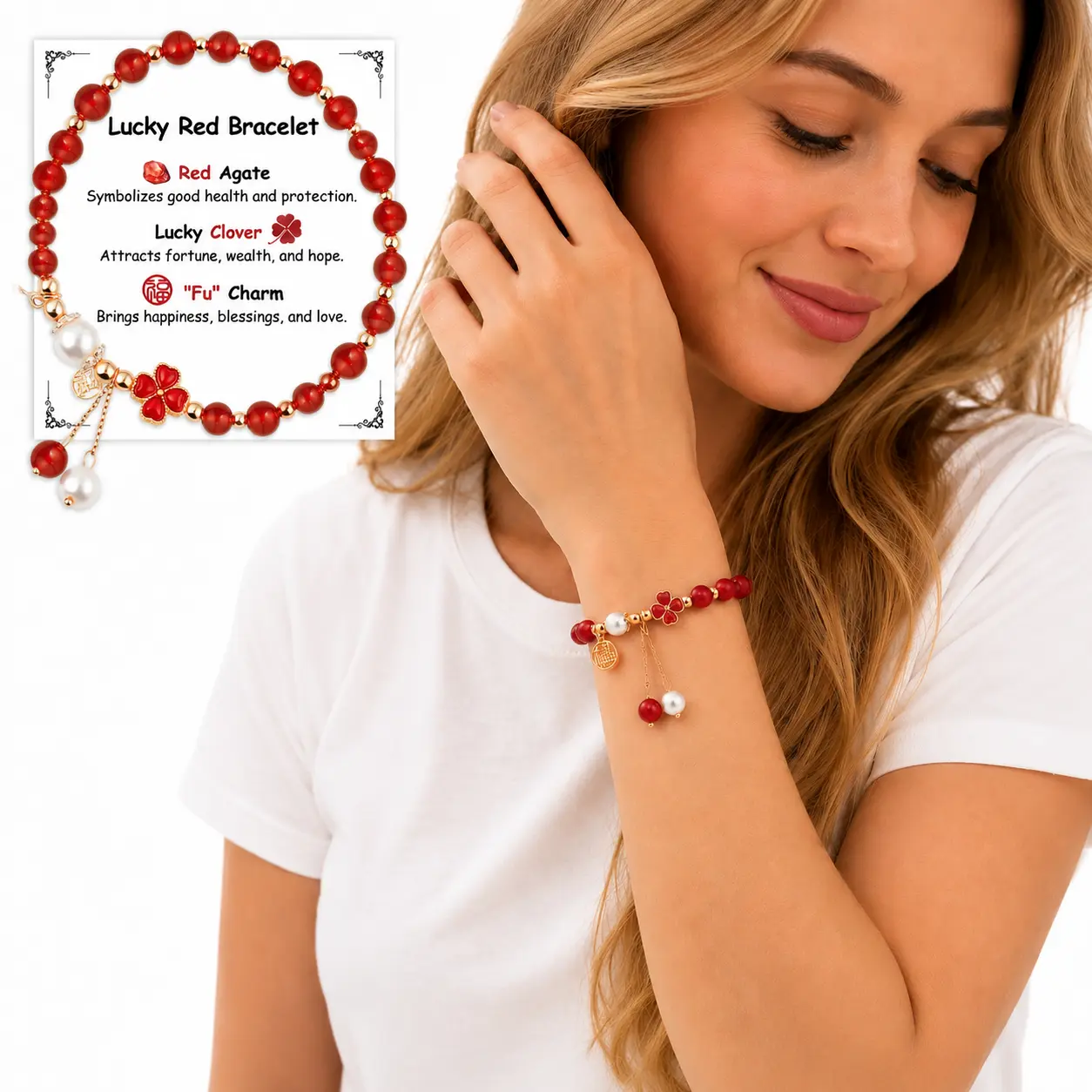 Women's Genuine Red Agate Beaded Bracelet with Clover Motif & Fu Protection Charm - Stretch, Layer-Friendly Crystal Jewelry Gift, Crystal Beads, Genuine Stones jade, Gift Ideas, Dainty, Gift-Ready