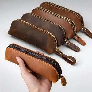 Vintage Leather Pencil Bag, Zippered Pen Case for Stationery, Glasses Box, School Supplies Storage, Home Office Organizer, Desk Drawer Pouch, Household Stationery Holder