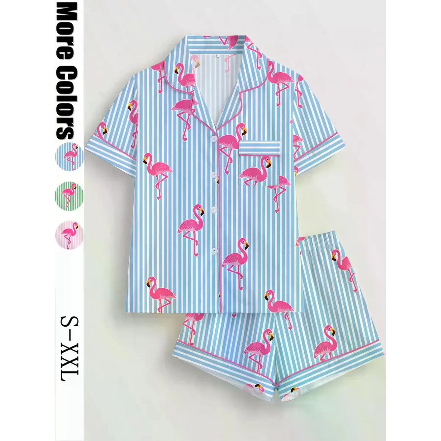 Women's Striped Flamingo Print Pajama Set: Short Sleeve Button-Up Top & Elastic Waist Shorts - Casual Loungewear for All Seasons
