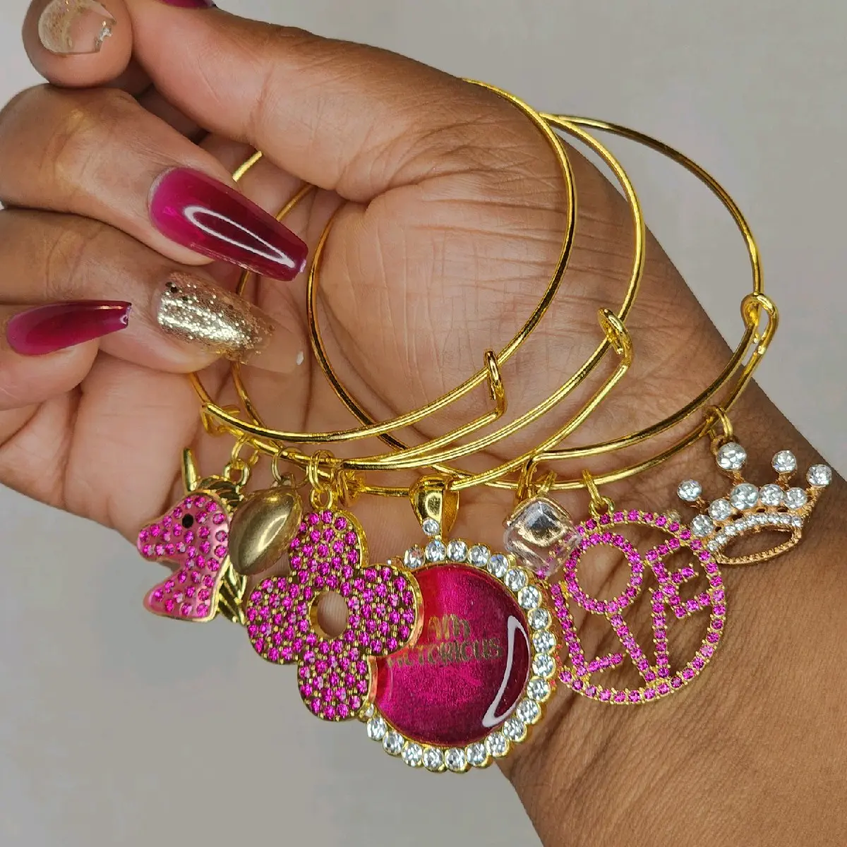 I Am Victorious Affirmation Manifestation Dark Pink Gold Bangle Set