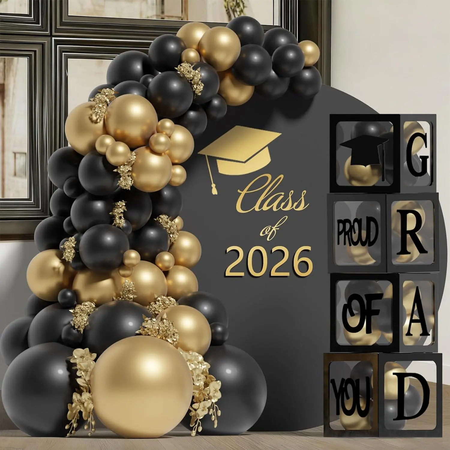 Graduation Decorations 2026,4 Pcs Transparent Balloon Boxes With Letters Of Grad,Proud Of You,Class Of 2026 And 130Pcs Black And Gold Balloons Arch Kit For High School College 2026 Grad Party Supplies
