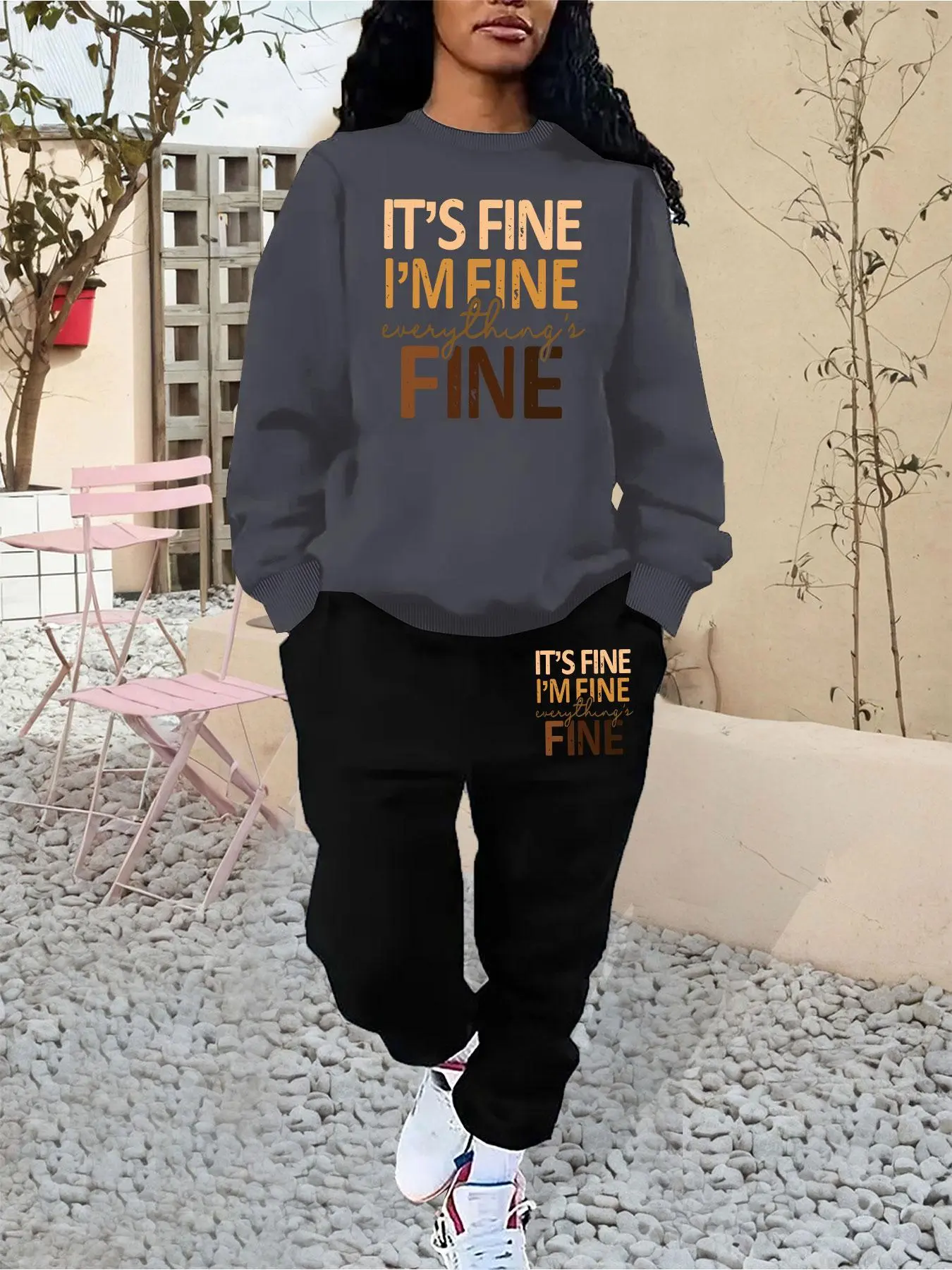 Women's Letter Print Drop Shoulder Thermal Lined Sweatshirt & Elastic Waist Sweatpants Two-piece Sweat Suit Set, Casual Fashion Cozy Round Neck Long Sleeve Pullover & Jogger Pants for Daily Wear, Ladies Fall & Winter Clothes