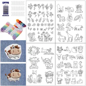 Animal Embroidery Stabilizer Set, Hand Embroidered Water-Soluble Fabric Stabilizer for Beginners & Hobbyists, 4 Pages Hand Sewing Kit