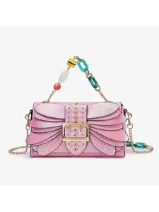 Multicolor Pearl Embellished Wing Shaped Crossbody Bag with Metallic Rivets Gradient Ombre Design Elegant Evening Clutch for Women Trendy Butterfly Inspired Shoulder Bag Fashionable Chain Strap Handba