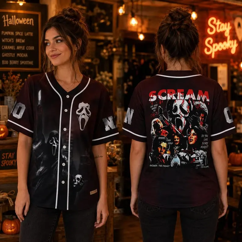 Spooky Ghostface Halloween Baseball Jersey, Custom Horror Movie Shirt