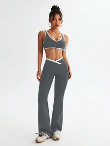 Two-Piece Set Women's Solid Color Crop Tank Top & Wide Leg Pants, Casual Comfy Breathable for Yoga Gym Workout Running, Ladies Sportswear for All Seasons, Workout Running Clothes, Sporty Breathable Outfits