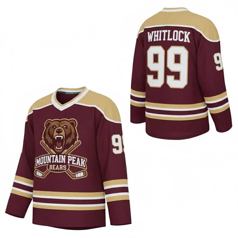 Retro Maroon Ice Hockey Jersey Long Sleeve Streetwear Graphic Print Casual Sports Number 99 Grizzly Bear Crest V-Neck Oversized Sweater Men Women Activewear Unisex Breathable Game Day Uniform