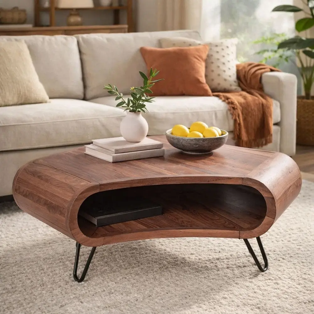 37 Inch Coffee Table, Handcrafted Curved Hexagon Shape with Open Shelf, Natural Brown Acacia Wood, Iron Legs By The Urban Port