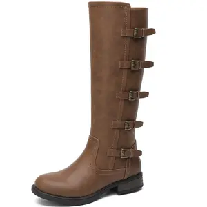 GLOBALWIN Women's Knee High Boots Horseback Riding Tall Boots For Women Low Heel with Metal Buckle Side Zipper Camel Size 5.5M   Comfort Footwear Winter kneehigh boots stylish footwear Girl Walking Shoes