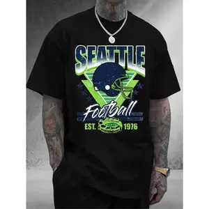 Oversized Graphic Tee, Vintage Washed Seattle Football EST 1976 Retro T-Shirt, Retro Seahawks Style Football Shirt for Men, Aesthetic Sports Top, Trendy Fan Apparel, Unique Gift for Him