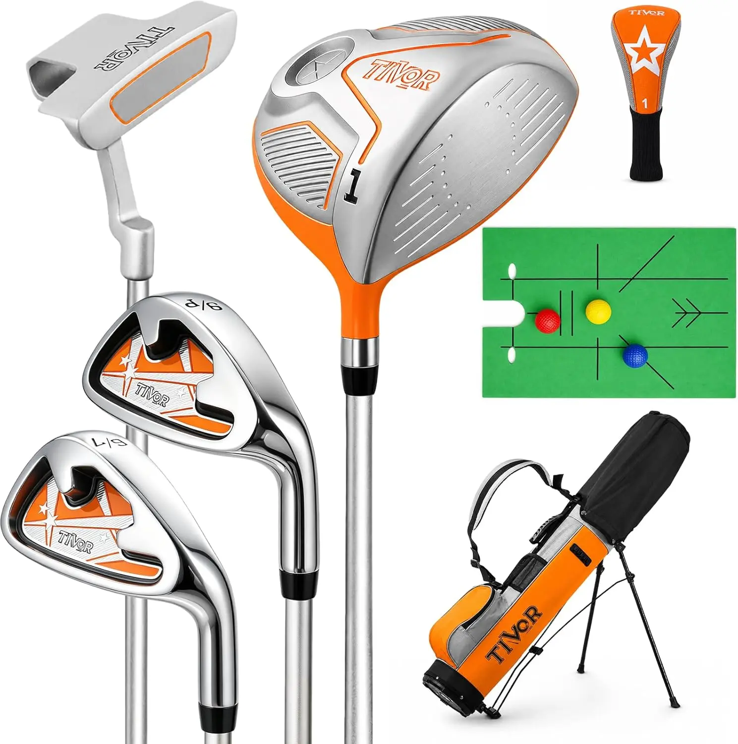 Kids Golf Clubs Set for Ages 6-8,Right Handed Junior Golf Clubs 7 Piece Set with 400cc Driver,7 Iron,9 Iron, Putter,Stand Bag,Headcover & Practice Mat,Kids Golf Set for Height 3'10"-4'4",Orange Blue