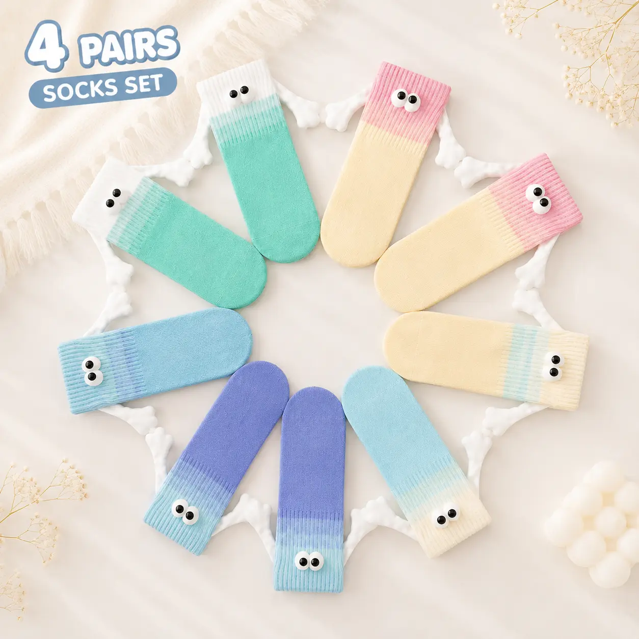 Magnetic Hold Hands Socks, 4-Pair Mid-Length Funny Matching All-Season Socks, Mid-Calf Socks, Gifts for Friends, Couples, Families and Workbesties, Holiday Gift calf sock