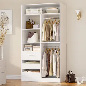 36Inch Closet System With 3 Drawers, 3FT Closet Organizer, Wood Closet Organizer System, Walk-in Closet Or Small Closets Wardrobe, Clothes Rack With 2 Hanging Rods And Storage Shelves, 36" L X 16" W X 80" H