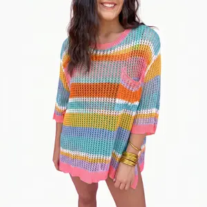 Women's Pink Striped Colorblock Crochet Sweater - Hollow Out Knit Top with 3/4 Sleeves, Casual Crewneck Boho Chunky Jumper for Spring Fall