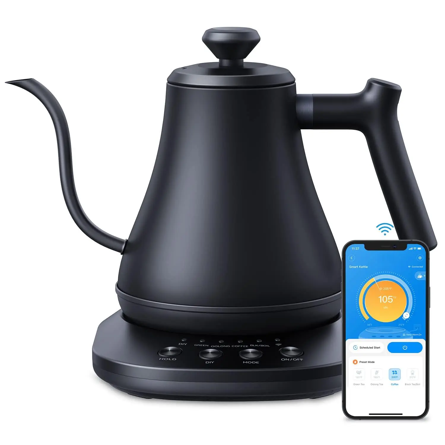 Smart Electric Kettle  Wifi Variable Temperature Gooseneck Pour Over And Tea Alexa Control 1200w Quick Heating Stainless Steel 0.8l Matte Black
