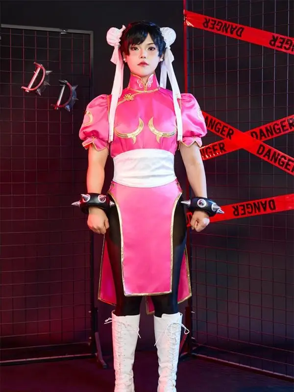 [Officially Licensed] Street Fighter Classic Chun-Li Pink Leotard And Skirt Cosplay Costume with Hair Accessories Halloween Costume