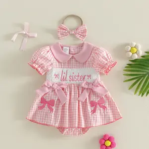 Big Sister Little Sister Matching Outfits Short Sleeve Bubble Romper Smocked Dress Toddler Girl Summer Clothes and Headband 2 Piece Set