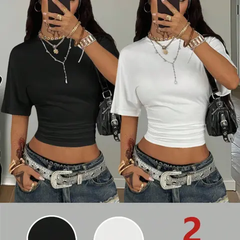 Women's Casual Homewear Top, 2-Piece Set, Pure Color Round Neck Elastic Ruched Short Sleeve Basic Minimalist T-Shirt, Loose Fit Summer Fashion, for Lady, Womenswear, Everyday, Casual Summer Tee