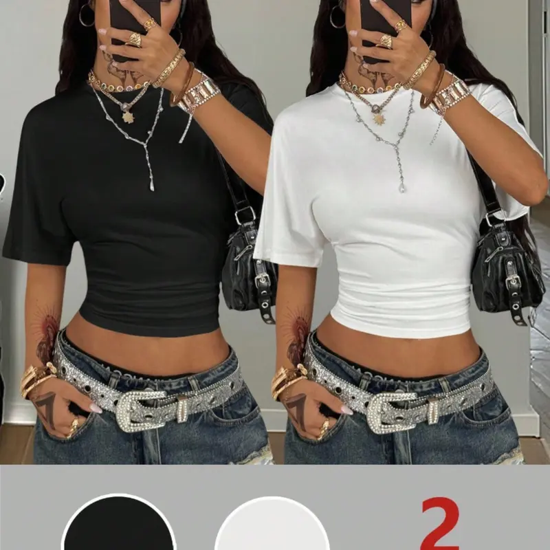 Women's Casual Homewear Top, 2-Piece Set, Pure Color Round Neck Elastic Ruched Short Sleeve Basic Minimalist T-Shirt, Loose Fit Summer Fashion, for Lady, Womenswear, Everyday, Casual Summer Tee