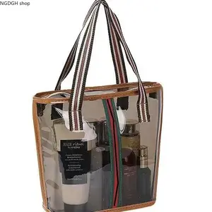 Retro Stripe-Trimmed Clear Tote, Brown Faux Leather Edges, Great for Errands, Gym Trips & Embracing Chic, Organized Vibes with a Designer-Inspired Touch