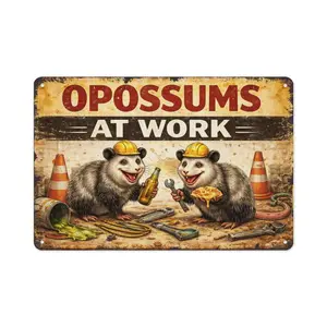 12x8 Inch "Opossums At Work" Retro Metal Sign, Funny Opossum Garage Decor for Tool Shop & Home