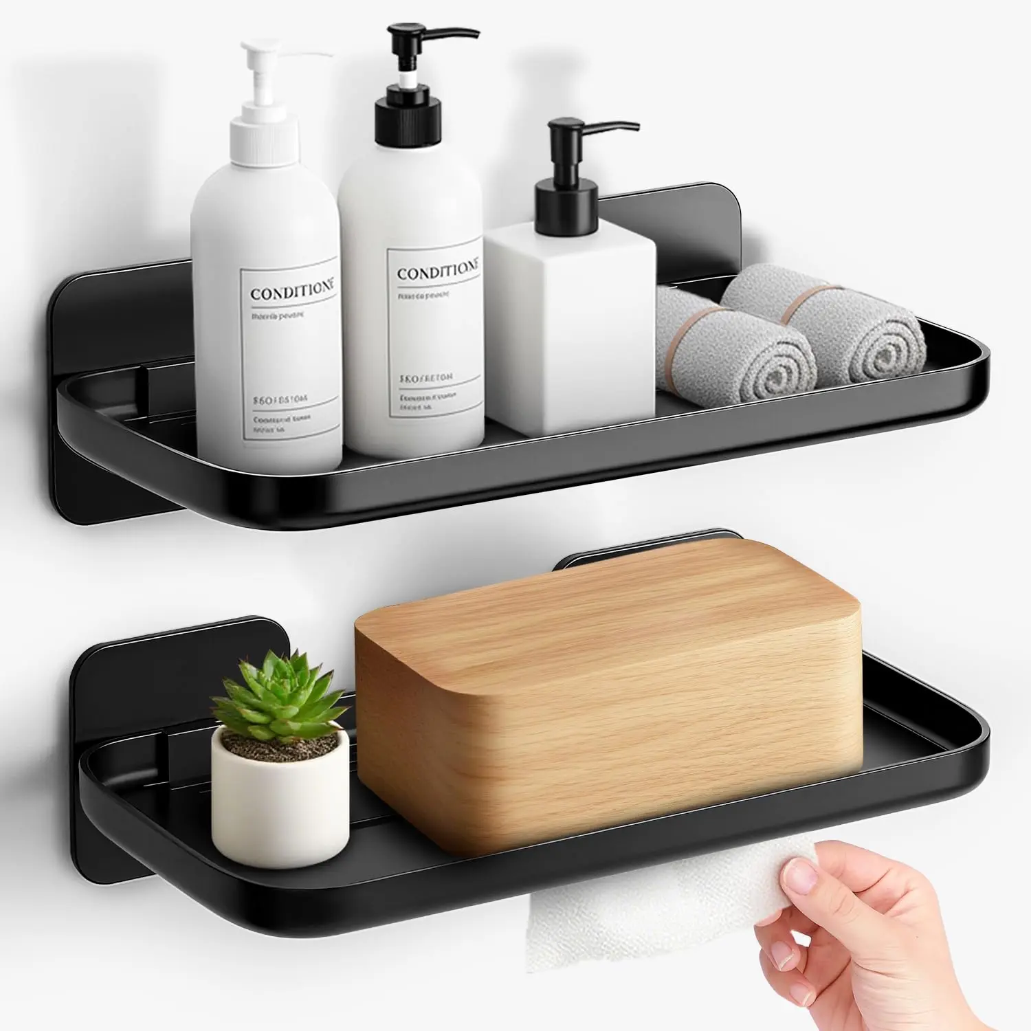 2-Pack Compact Size Adhesive Wall Mount Shelves, Damage-Free No-Drill Floating Organizer Storage, 8.6" L x 4.7" W Bathroom Organizing Accessories for Small Room & Kitchen Use