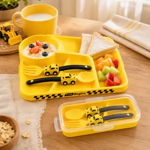 Kids Car Dinnerware and Utensils Set with One-Piece Divided Plate, Fork, Spoon and Portable Case for Children