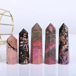 1count Rhodonite Point Crystal Gemstone Hexagonal Prism Tower Ornament Home Decoration