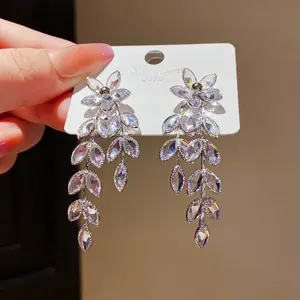 Light Luxury Zircon Flower & Leaf Tassel Earrings, European & American Minimalist Style, Unique Elegant Personality & High-End Jewelry