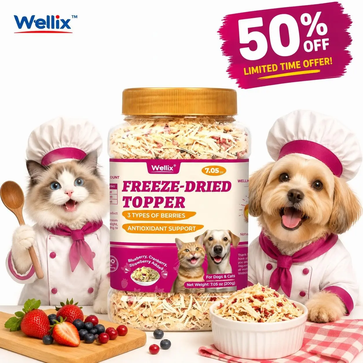 Wellix 7.05 oz Freeze-Dried Fruit Topper for Cats & Dogs - Mixed Berries (Blueberry, Cranberry, Strawberry), Natural Formula, Urinary Aid, Eye & Immune Support, Low-Calorie, Nutritious