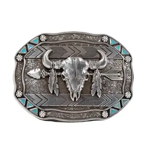 Nocona Rectangle Arrow Skull Feather Western Belt Buckle – Floral Engraved (37007)