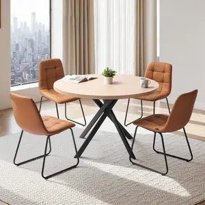 5-Piece Round Dining Table Set For Small Spaces - Space-Saving Kitchen Table With 4 Upholstered Orange Chairs, PU Leather Cushions, Modern Wood-Tone Finish, Adjustable Foot Pads, Ideal For Dining Room