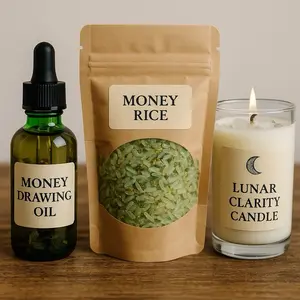 Money Manifestation Duo - 1 oz Oil & Prosperity Rice Bundle Handcrafted for Abundance Energy & Wealth Attraction with Green Glass Dropper Bottle & Gold Glitter Rice