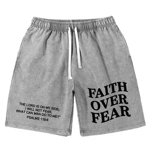 Faith Over Fear Shorts Christian Jesus Elastic Waist Summer Letter Graphic Acid Wash Shorts with Pockets - Vintage Streetwear, Y2K Oversized Casual Gym Shorts