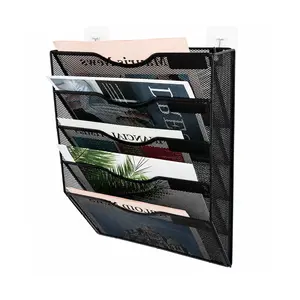 Wall File Holder Organizer with 5 Pockets, Black Metal Mesh Hanging File Folder Rack for Office Mail Magazine Paper Document Storage and Workspace Organization