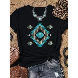 Women'S Western & Indian-Inspired Graphic T-Shirt - Black Short Sleeve Crew Neck Top with Turquoise Geometric Design, Casual Spring/Summer Wear