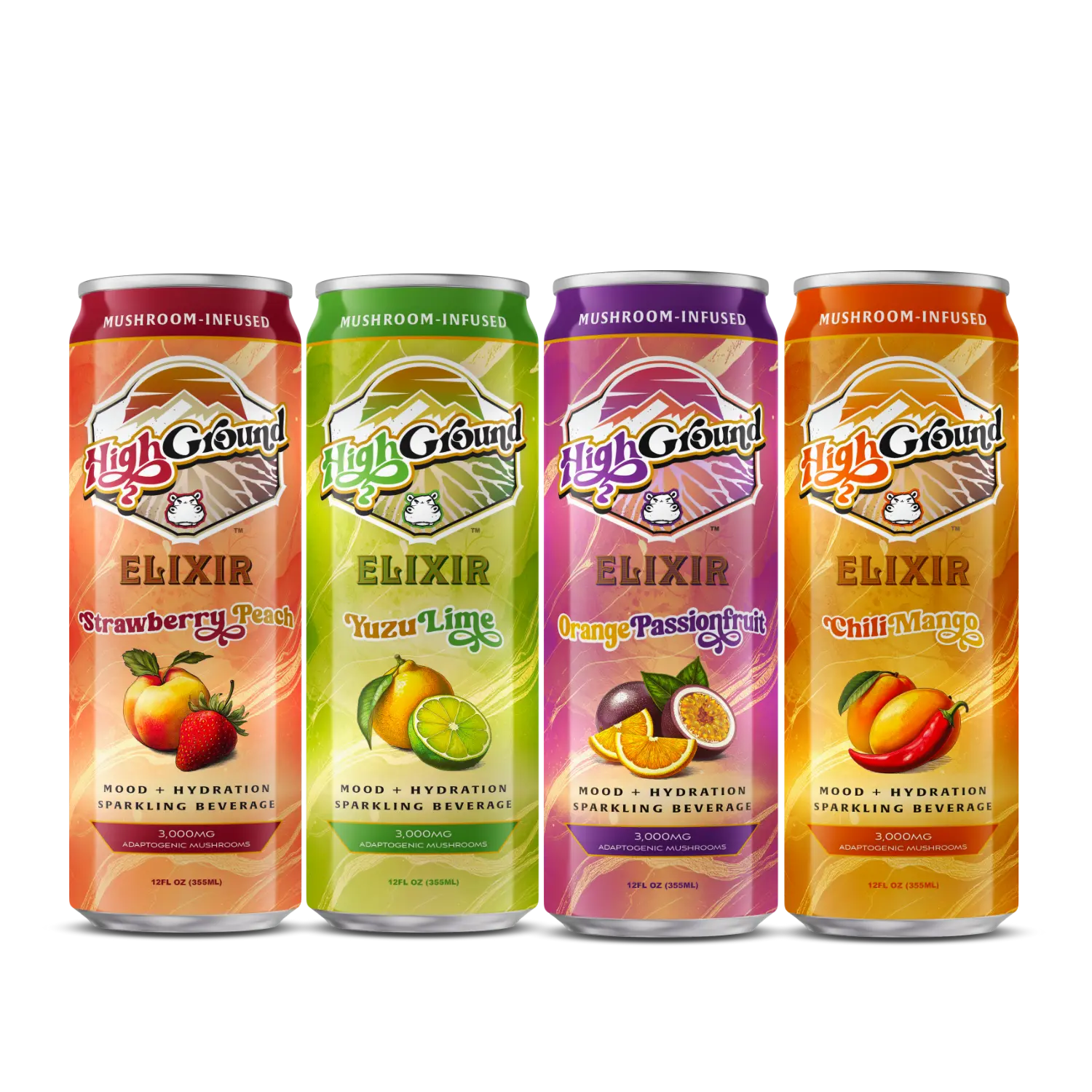 High Ground Elixir Variety 4pk - Strawberry Peach, Yuzu Lime, Orange Passionfruit, Chili Mango - Mood Elevating Nootropics with Lion's Mane Reishi Chaga with GABA and Electrolytes