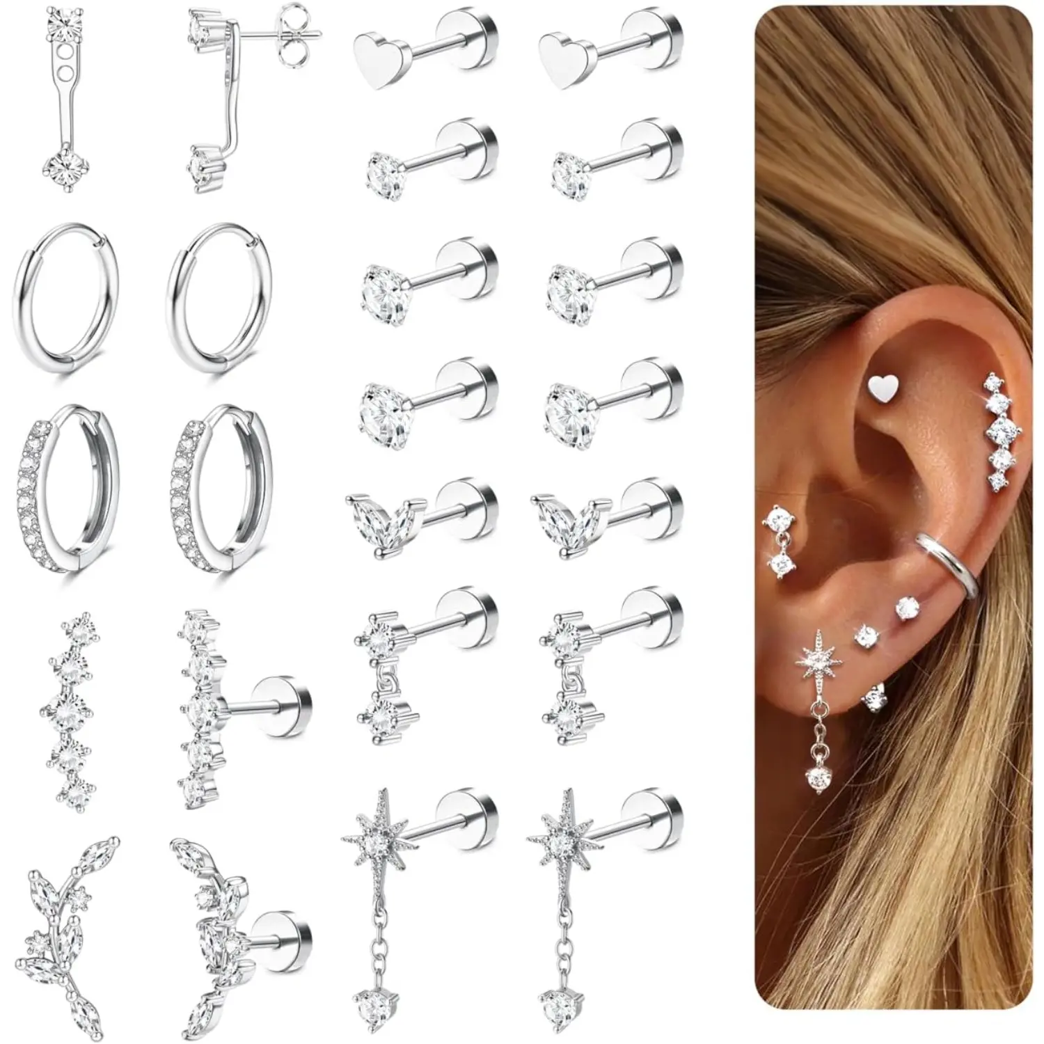 FIASASO Hypoallergenic Surgical Steel Earring Stacking Set - Flat Back Studs & Hoops for Sensitive Ears, Helix, Tragus, Conch Daith Multiple Piercings