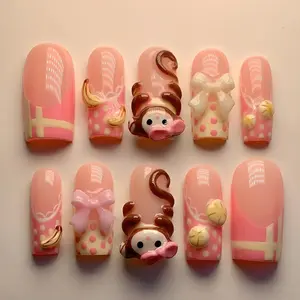 S83 Katy Nails 3D Pink Monkey Press-On Nails, Cute Cartoon Style with Banana & Bow Details, Soft Pink Polka Dots, Handmade Custom Nails, Kawaii Vibes, Gifts for Her