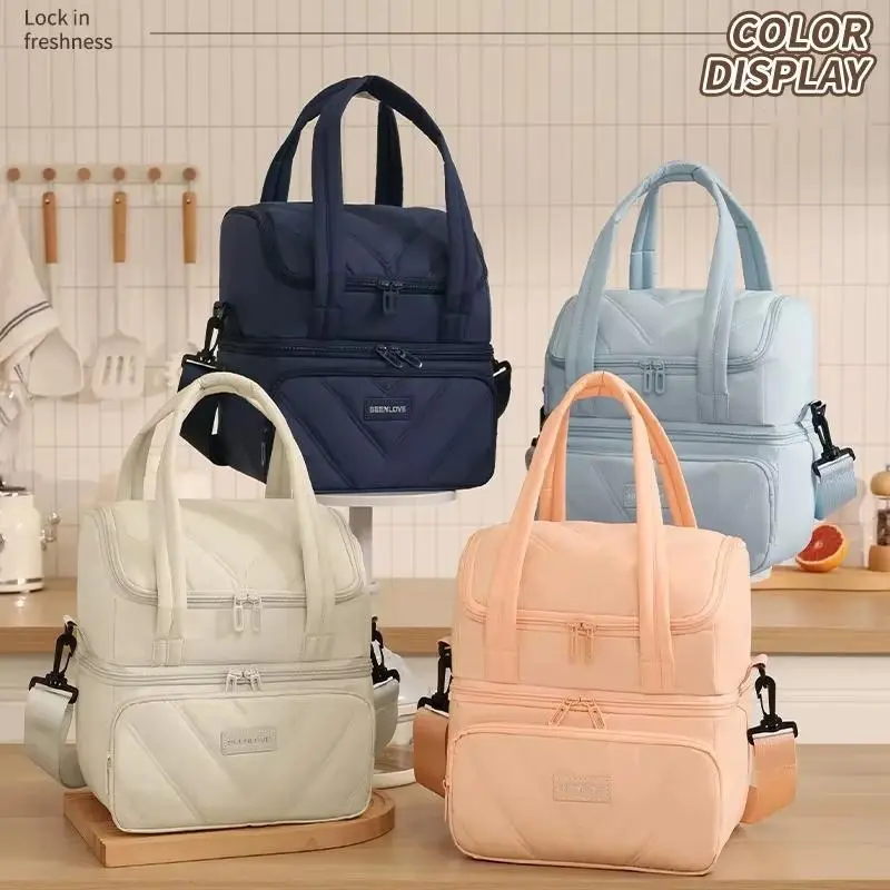 Leakproof Large-Capacity Double-Layer Handheld Lunch Bag - Portable Solid-Color Lunch Tote for Commuting, Picnic, Valentine's Day Gifting, Lunch Bags