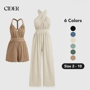 Women's Solid Rib Criss Cross Knotted Jumpsuit, 6 Colors, Size 2-10