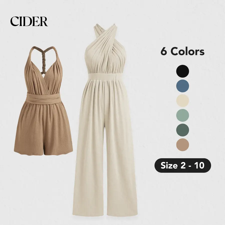Women's Solid Rib Criss Cross Knotted Jumpsuit, 6 Colors, Size 2-10
