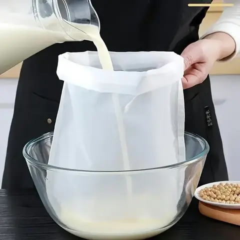HOXEZU 2pcs Premium Nylon Drawstring Nut Milk Bags - Reusable Food Grade Fine Mesh Strainer with Handle, Non-Slip Design, Efficient Filtering Kitchenware for Camp Kitchen Almond/Soy Milk, Camping Accessory