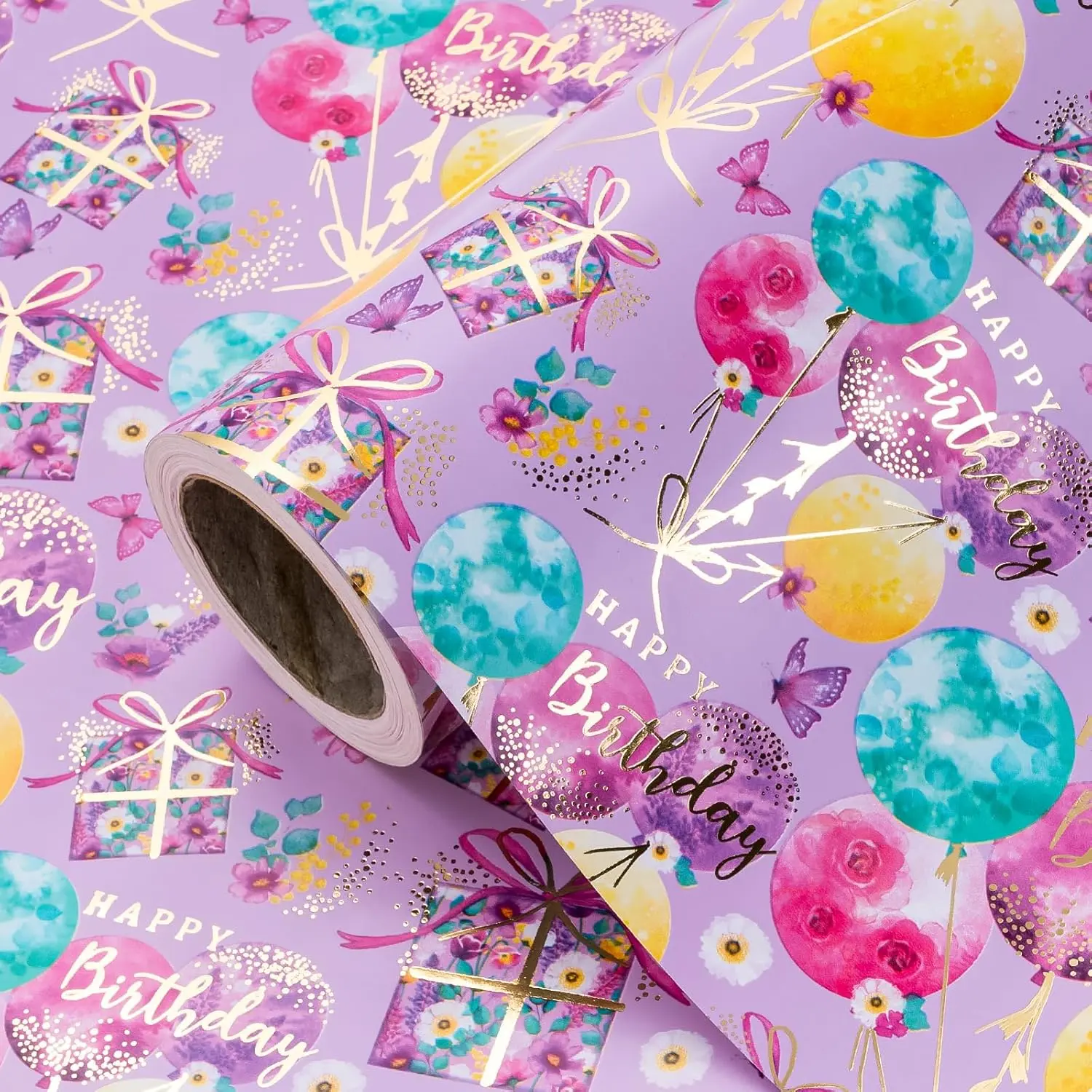 WRAPAHOLIC Floral Birthday Wrapping Paper Roll, 17 in x 16.5 ft Mini Roll, Gold Foil Cake, Flower, Butterfly, Bird & Happy Birthday Designs for Women, Girls, Birthday, Wedding, Bridal Shower & Mother’s Day Gifts